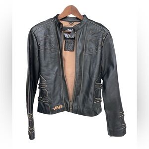 Harley Davidson Women Leather Jacket Lightweight Gold Zip Up Wings